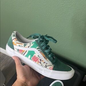 Used slightly Vans Green and White Floral vans Sneakers